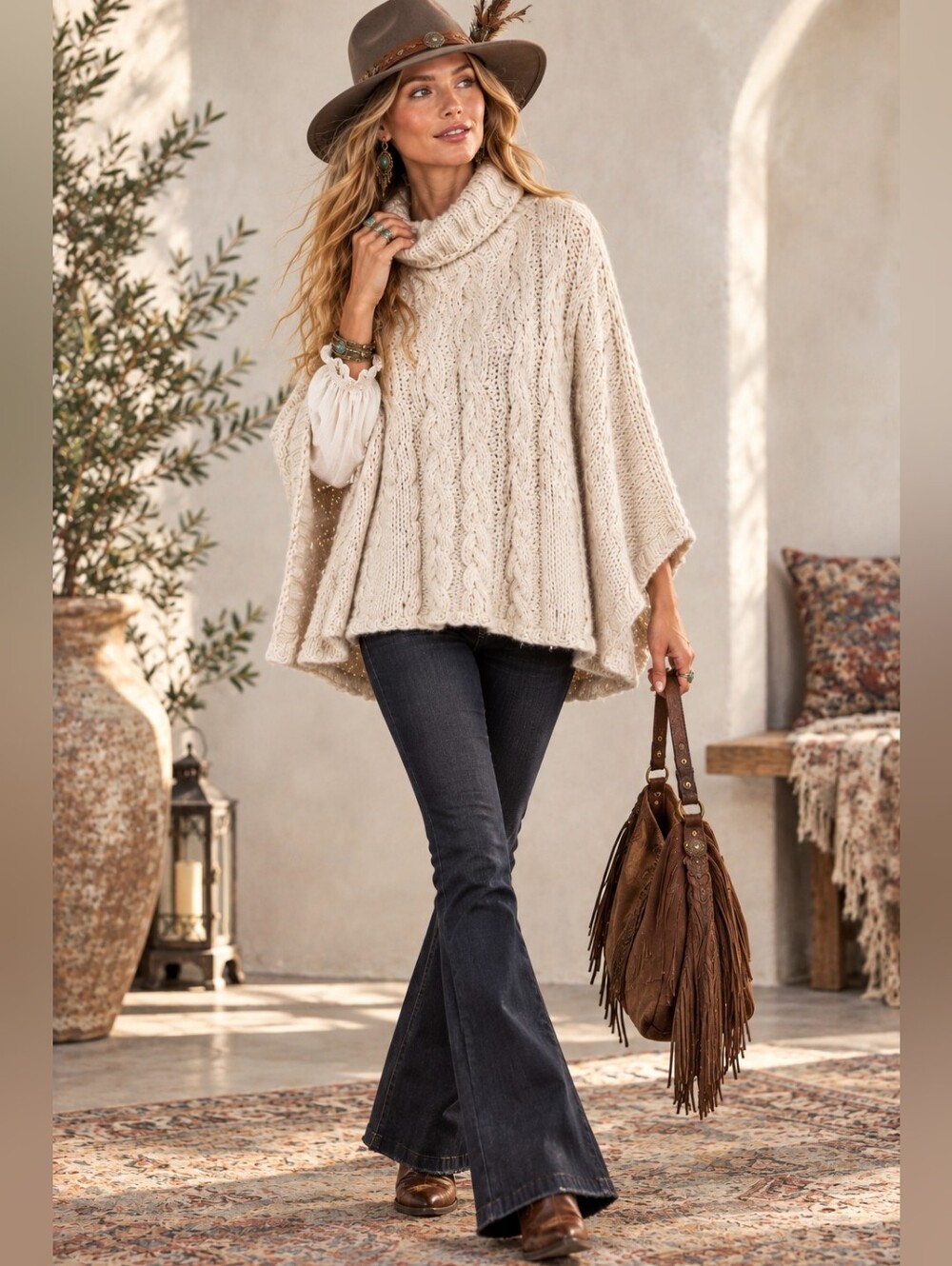 Gelso Bianco Italian Chunky Cable Knit Alpaca Blend Oatmeal Color Cape/Poncho